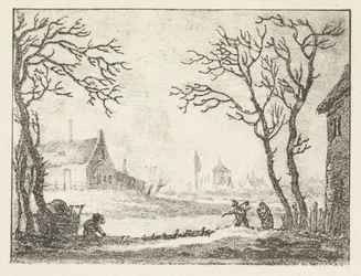 Paisaje invernal con casas y figuras