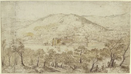 Paisaje montañoso meridional con edificios conventuales
