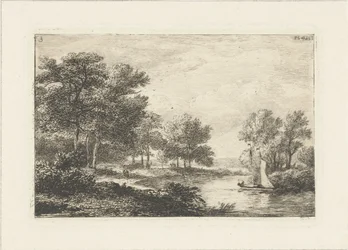 Paisaje de río con velero Paisajes acuáticos (título de la serie)
