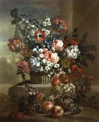 Naturaleza muerta de una canasta de flores y frutas