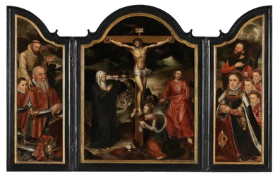 Cristo en la Cruz con la Virgen, San Juan y María Magdalena (óleo sobre tabla)