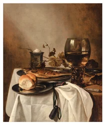 Un rollo, un arenque, un salero de plata, un romero grande y un cuchillo sobre una mesa drapeada, c.1644 (óleo sobre tabla)