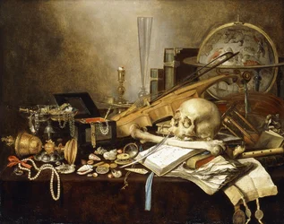 Una naturaleza muerta de vanitas de instrumentos musicales y manuscritos, una copa dorada volcada, un cofre de joyas, un candelabro, un globo astrológico, un collar de perlas, joyas, conchas, un cráneo y un fémur y un reloj de arena sobre una mesa con mant