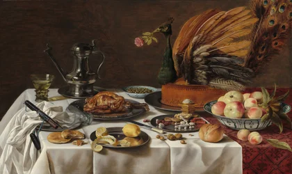 Bodegón con pastel de pavo real