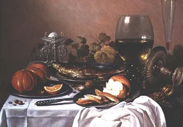 Naturaleza muerta con caballa, calabaza y pan