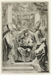 Consagración del obispo de Noyon con escena de Pentecostés encima