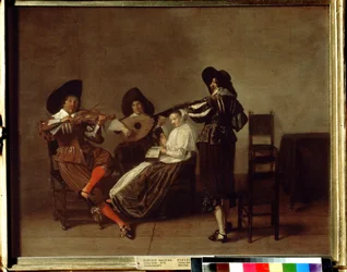 ""Soiree musicale"" (velada musical) Tres músicos y una mujer joven (voz). Pintura de Pieter Codde (1599-1678) Museo Pushkin del siglo XVII, Moscú