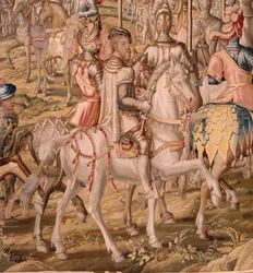 Tapiz flamenco. Serie La Conquista de Túnez; Reseña de las Tropas en Barcelona (La revista de las tropas en Barcelona). Segundo tapiz de la serie. Modelo Jan Vermeyen y Pieter Coecke van Aelst. 1543-1548. Fabricación Real Fábrica de Tapices de Sant