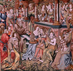 Tapiz flamenco. Serie Los Honores. Virtud (La Virtu, El Vicio). Octavo tapiz de la serie. Dibujantes modelo del círculo de Bernard van Orley y Jan Gossaert (Mabuse). Fabricación Pieter van Aelst, Bruselas. Ca 1550. Tela Oro, plata, seda un