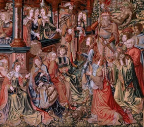 Tapiz flamenco. Serie Los Honores. Virtud (La Virtu, El Vicio). Octavo tapiz de la serie. Dibujantes modelo del círculo de Bernard van Orley y Jan Gossaert (Mabuse). Fabricación Pieter van Aelst, Bruselas. Ca 1550. Tela Oro, plata, seda un