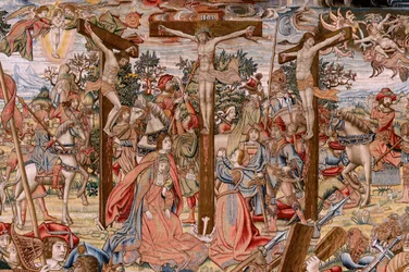Tapiz flamenco. Serie La Pasión de Cristo; el Camino del Calvario y el encuentro con la Verónica. Primer tapiz de los conservados por Patrimonio Nacional. Cartonistas de los modelos del círculo de Jan van Roome y Bern