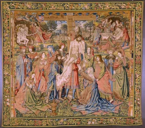 Tapiz flamenco. Serie La pasión de Cristo: Descendimiento de la cruz (Kruisafneming, Descendimiento de la cruz). Fabricación Pieter van Aelst. El dibujante Jan van Roome. Ca 1507-1520.