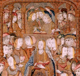 Tapiz flamenco. Serie Triunfos de la Madre o Paños de Oro. Anunciación (La Anunciación). Segundo tapiz de la serie. Modelo Colin de Cooter (?). Manufactura Pieter van Aelst (o van Edingen), Bruselas. Ca 1500-1502. Tela Oro, plata, seda y wo