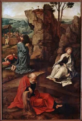 ""Oración en el Huerto de los Olivos"" (Agonía en el Huerto) Después de la última cena, Cristo va con los apóstoles al monte de Getsemaní que domina Jerusalén. Los soldados romanos ayudantes de Judas se acercan para arrestarlo. Pintura de Pieter Coe