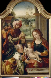 La Adoración de los Reyes Magos. Pintura de Pieter Coecke van Aelst el Viejo (1502-1555), óleo sobre tabla, primera mitad del siglo XVI. Arte primitivo flamenco. Galería Estatal de Arte, Lviv (Ucrania).