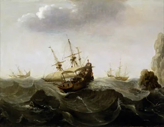 Un barco atrapado en un mar turbulento, con embarcaciones que huyen del vendaval a lo lejos y, a la derecha, rocas que emergen del agua. Óleo sobre madera, hacia 1620, de Cornelisz Verbeecq (1590-1637).