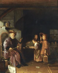 Un maestro enseñando a sus alumnos en un aula, mediados del siglo XVII