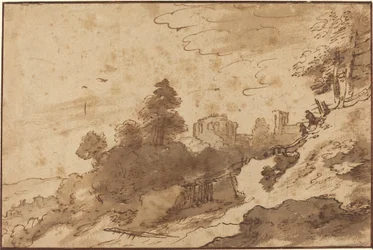 Paisaje con puente y ruinas en el fondo