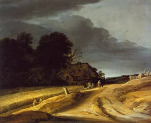 Paisaje con camino rural y casa de campo