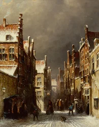 Escena de Calle Invernal con Niños Lanzando Bolas de Nieve