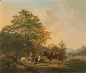 Paisaje montañoso con pastor, arriero y ganado