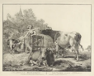 Vacas y una lechera De Hollandsche Melk-koeijen/ Les vaches â lait hollandaises (título sobre el objeto)