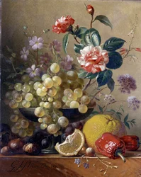 Bodegón de frutas, verduras y flores