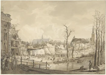 Ruinas en el lado norte del Steenschuur tras el desastre de la pólvora en Leiden, 12 de enero de 1807