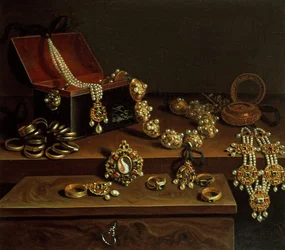Cofre de joyas en una mesa, principalmente de origen alemán (1600-50)
