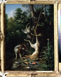 ""Perro de caza y aves de caza"" (Perro y aves de caza) Pintura de Peter Gysels (1621-1691) Siglo XVII. Museo Pushkin, Moscú
