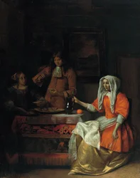 Interior con dos mujeres y un hombre bebiendo y comiendo ostras