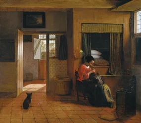 Interior con una madre despiojando el cabello de su hijo (detalle), 1659-1660