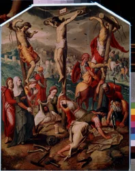 Calvario (Calvario). En el Gólgota, Jesucristo es crucificado con los otros dos condenados a muerte. Lleva el signo INRI (I.N.R.I.) en la cruz. A los pies, Santa María Magdalena llora la muerte de Jesús, su botella está volcada en el suelo. Santa Verónica