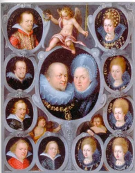 El duque Federico I (1557-1608) (r. 1593-1608) y la duquesa de Württemberg Sibylla con diez de sus hijos