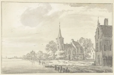Iglesia del pueblo y casas junto a un río