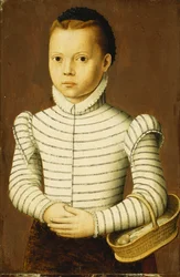 Retrato de una niña con un traje blanco y negro sosteniendo una canasta