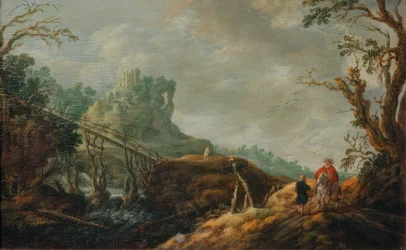 Paisaje fluvial con puente de madera y ruina