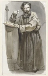 Clérigo de pie en el atril con crucifijo y Biblia