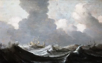 Cuatro barcos corriendo antes de una tormenta