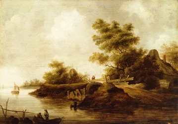 Paisaje fluvial con figuras en una barca y un viajero en un puente (óleo sobre tabla)