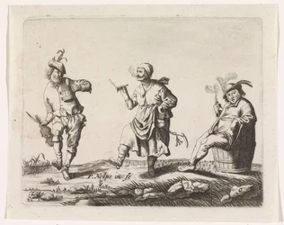 Granjero bailando y esposa de granjero y un hombre en un barril