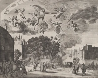 Carlos II entrando en La Haya en un carruaje con el Mauritshuis a la derecha, de 