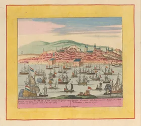 Llegada de la flota holandesa-inglesa con el rey Carlos III a Lisboa, 1704 Desembarco de su monte. Carel el III Rey de España a Lisboa en Portugal den 7 Maert 1704 (...) (título sobre objeto) Teatro de la Guerra, Comienzo del Rey Karel den