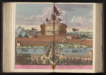 Engelenburcht aan de rivier de Tiber te Rome El castillo de St. Angeli (a saber, Michaelis) de los más altos (...) (título sobre el objeto)