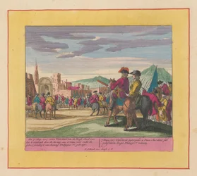 Toma de Valencia, 1707 Teatro de la Guerra, Comienzo del Rey Carlos II. Hasta el rey Carlos III. Existente en IX. Figuras históricas sobre una hoja de elefante, como batallas, asedios en el agua y en Lande, con las principales fortificaciones