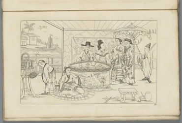 Figuras chinas alrededor de una mesa de té
Nuevas figuras chinas inventadas dibujadas con gran dificultad y dadas en Lay, por P. Schenk Jun (...), segundo volumen (título de la serie)