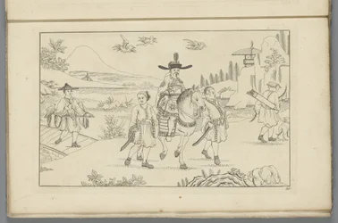 Caballero chino a caballo cazando aves
New invented Sineesen met groote moeyte geteekent en 