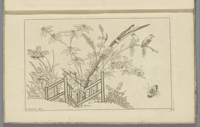 Tres pájaros en un árbol en flor
Flores y pájaros chinos (título de la serie)