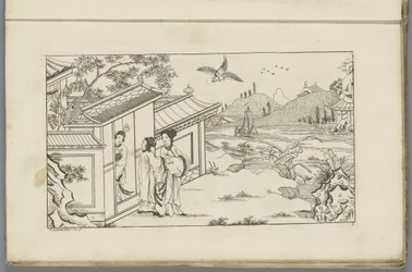 Paisaje con tres mujeres chinas en la puerta de una casa
Nuevo chino inventado, dibujado con gran dificultad y dado en Lay, por P: Schenk Jun (...), primera parte (título de la serie)