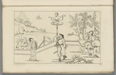Paisaje con una figura sentada con las piernas cruzadas sobre una plataforma
New invented Sineesen met groote moeyte geteekent en 